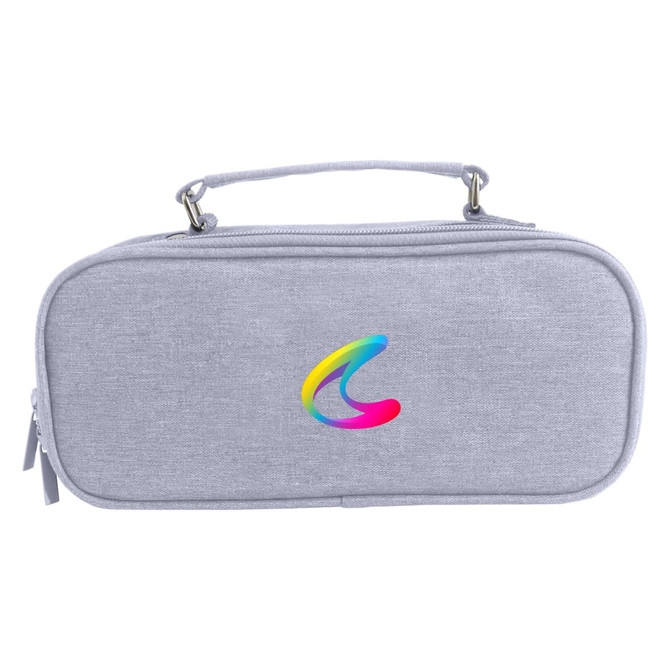 A grey pencil case with compartments and a handle, featuring a colourful logo on the front.
