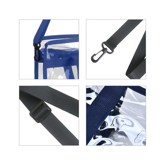 A clear tote bag with a blue shoulder strap, featuring adjustable clips and details of its transparent design.