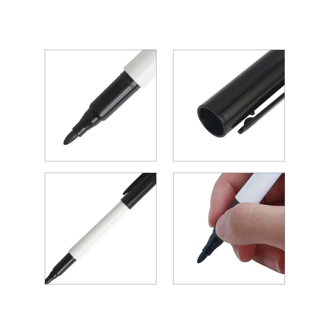 A black and white marker pen featuring a fine tip, with close-up views of the nib and barrel.