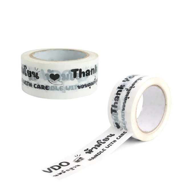 Two rolls of clear BOPP packing tape with printed messages in black, featuring a logo on one roll.