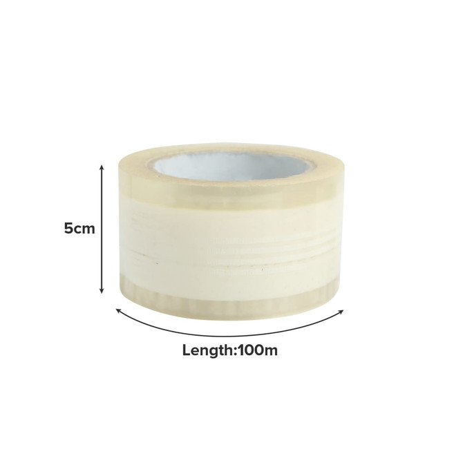 A roll of clear BOPP packing tape, 5cm wide and 100m long, featuring a simple design and a core.