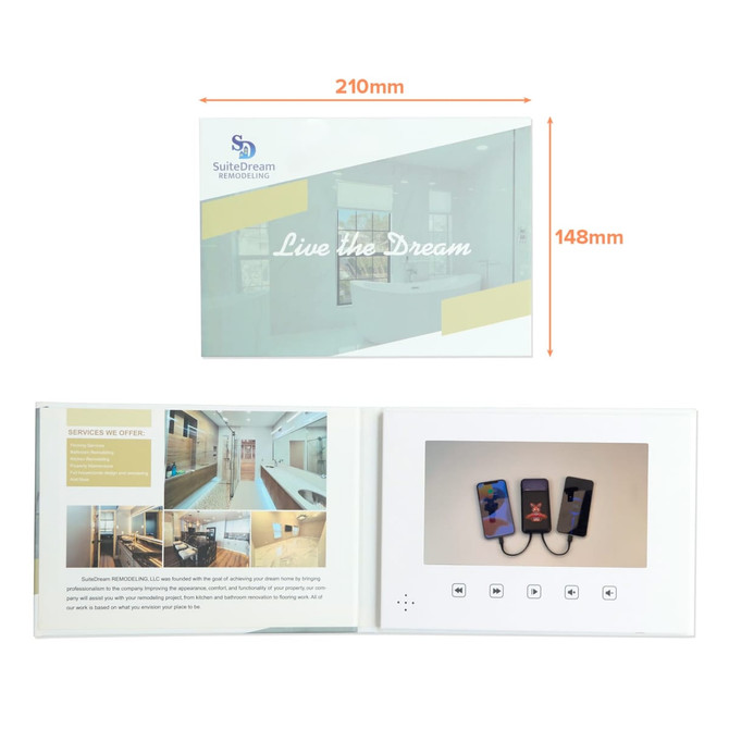 A 7-inch LCD video brochure in white, featuring a screen and images of technology devices. Includes a logo.