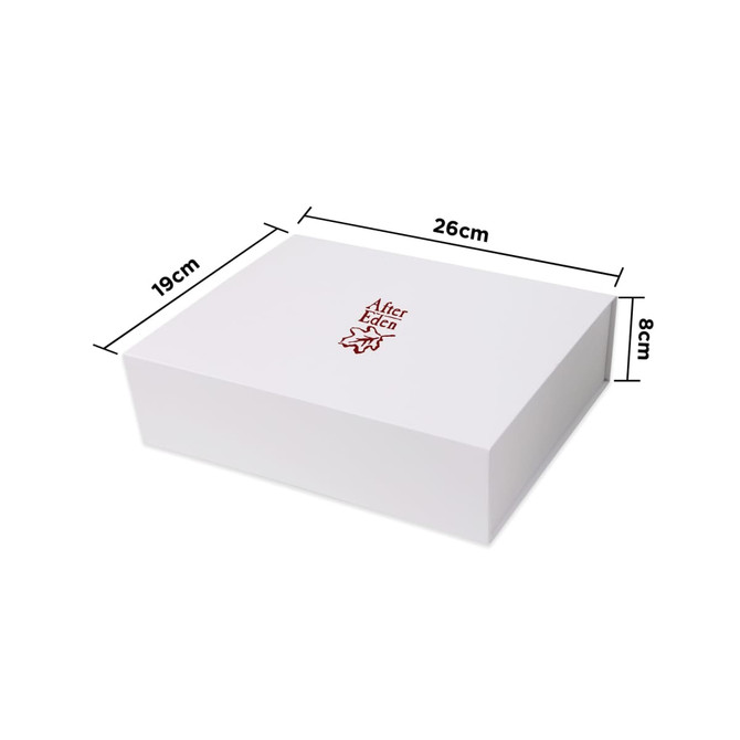 A white foldable magnetic box with dimensions 26cm x 19cm x 8cm, featuring a logo on the top.