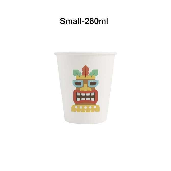 A disposable single wall paper cup in white featuring a colourful design with a tribal motif.