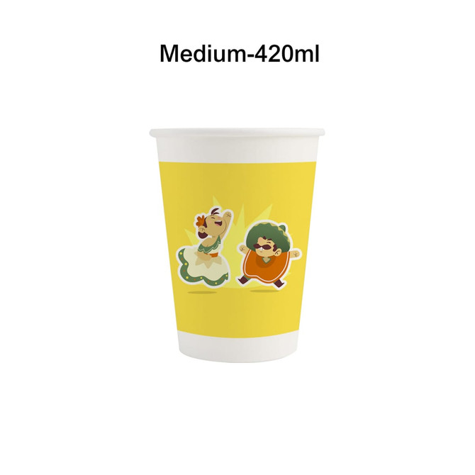 A yellow disposable paper cup featuring playful animal illustrations, designed for beverages with a medium capacity of 420ml.