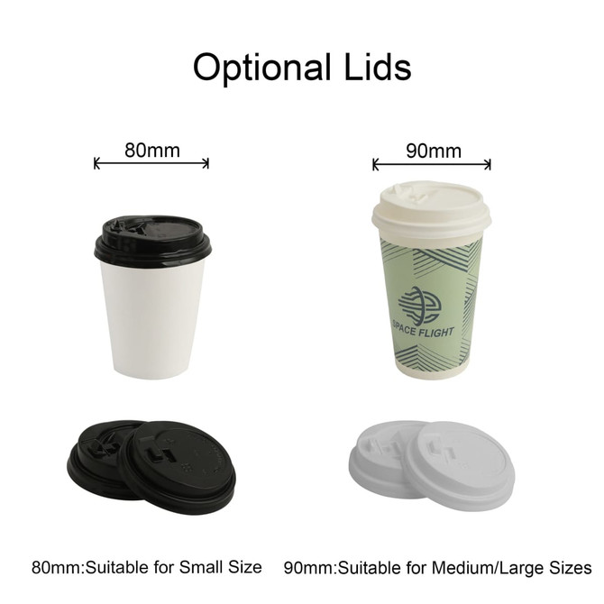 Custom disposable single wall paper cups in white and green, with optional black and white lids displayed.