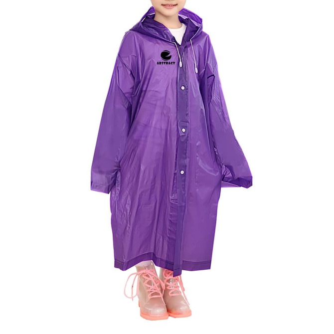 A purple reusable raincoat with a hood, featuring a logo, worn by a child in transparent rain boots.