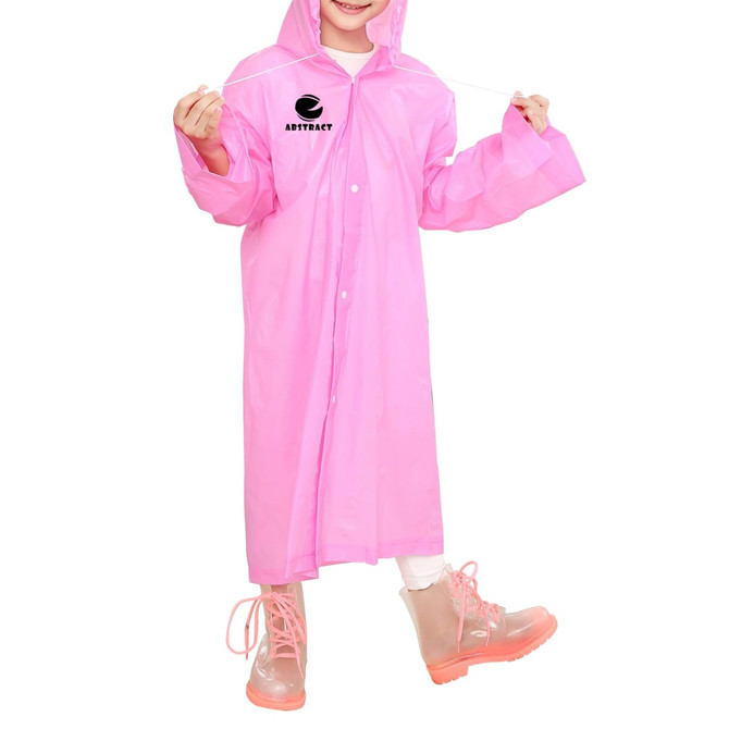 A pink reusable raincoat with a hood, featuring a logo, worn by a child. The child is also wearing transparent boots.