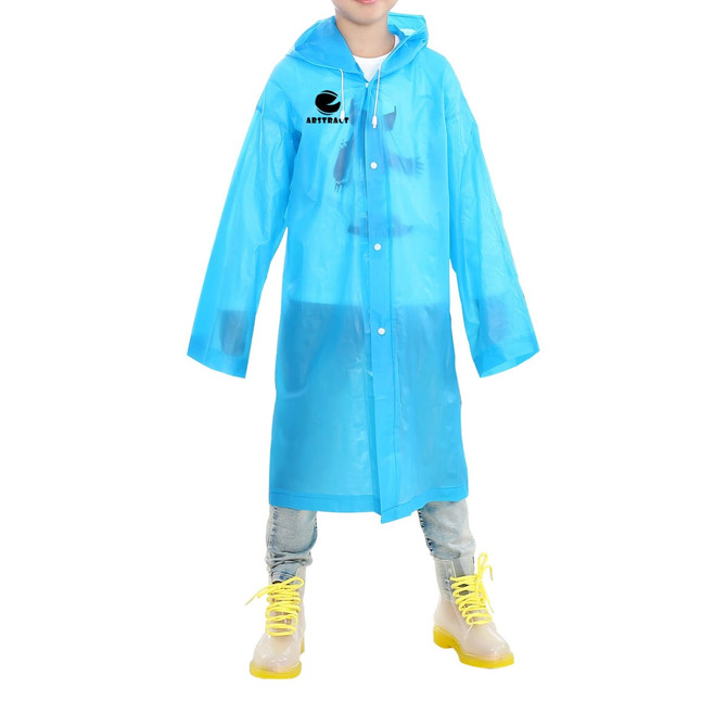 A blue reusable raincoat featuring a hood and logo, worn by a child with yellow boots.