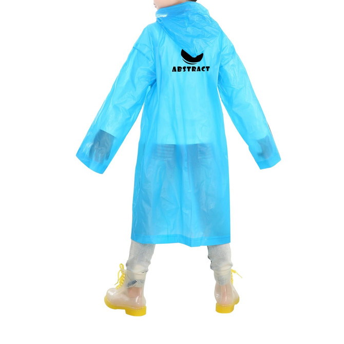 A blue reusable raincoat for kids with a hood and a logo on the back, worn over casual attire.