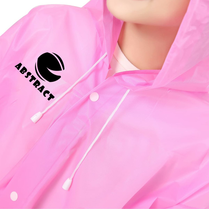 A pink reusable raincoat with a hood, featuring a logo on the front. The material appears lightweight and waterproof.