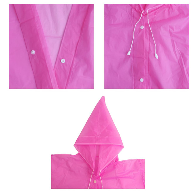 A pink reusable raincoat with a hood, featuring snap buttons and drawstring, designed for kids. Includes branding.