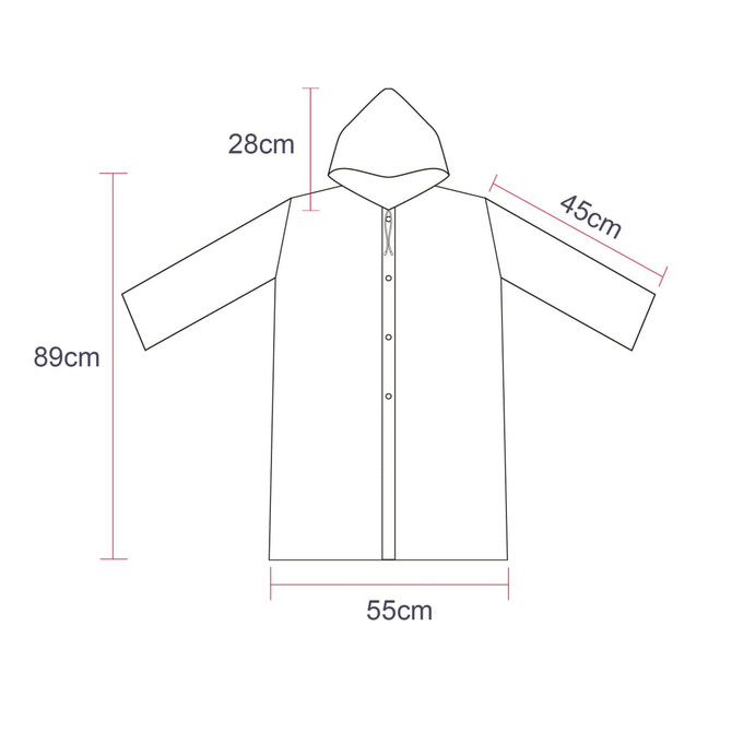 A lightweight, reusable raincoat for kids in a simple design, featuring a hood and button closure.