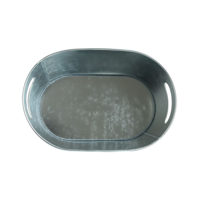 An oval ice bucket in a silver colour with a reflective surface and two side handles.