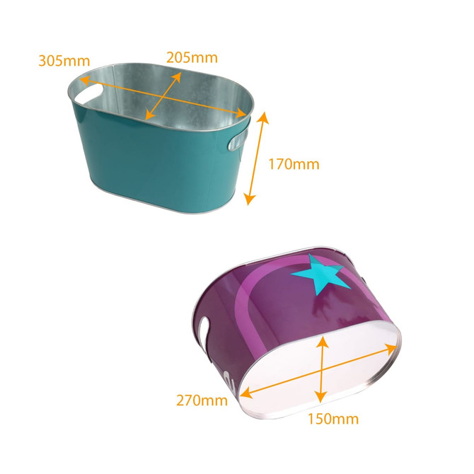 An oval ice bucket in teal and purple with a star design, featuring metal handles and measurements indicated.