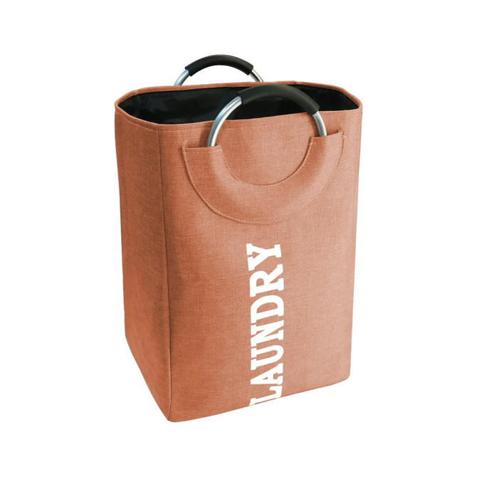 A laundry basket with handle in a rust colour, featuring a textured fabric and a circular handle.