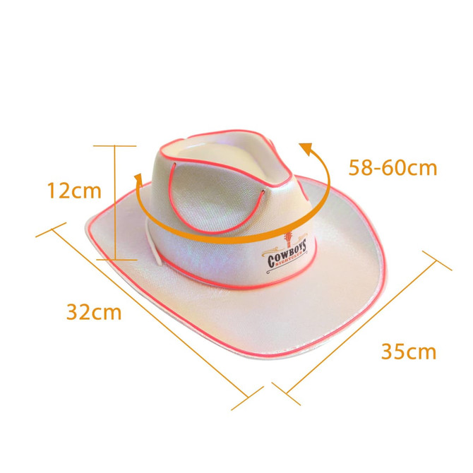 A light-up cowboy hat in white with pink trim, featuring a logo and specific measurements displayed.