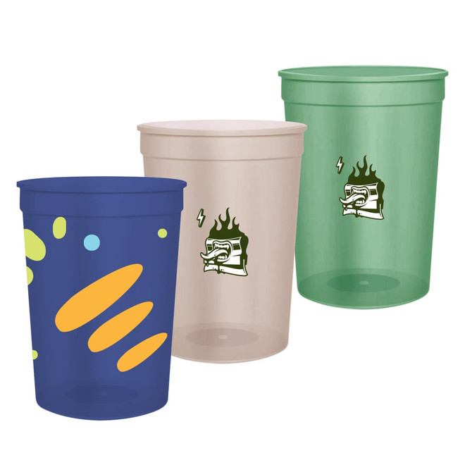 Translucent plastic stadium cups in blue, beige, and green, featuring assorted designs and a logo on one cup.