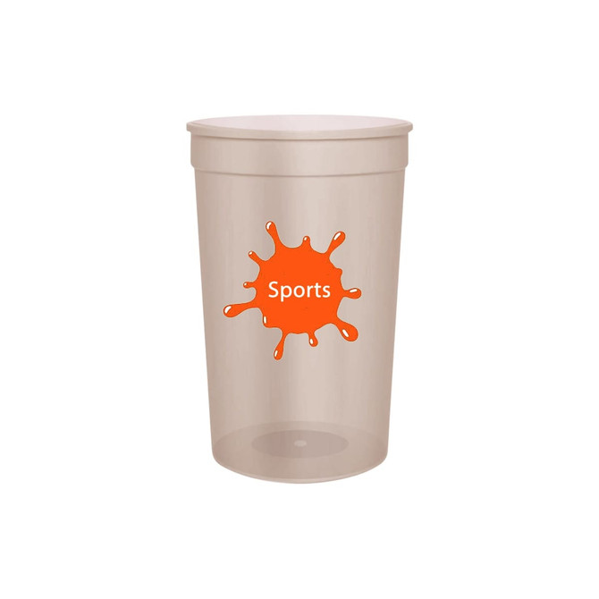 A translucent plastic stadium cup in beige with a logo featuring an orange splash and the word "Sports."