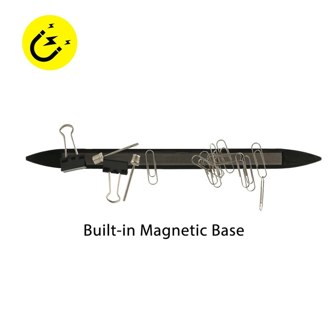 A magnetic torpedo level with a black body, featuring a built-in magnetic base and several paperclips attached.