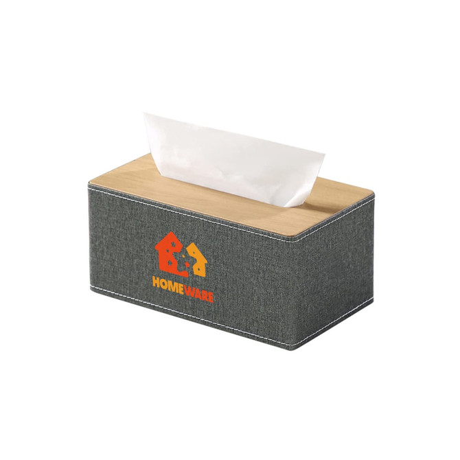 A medium tissue box in grey with wooden lid and a logo, featuring a fabric-like texture.