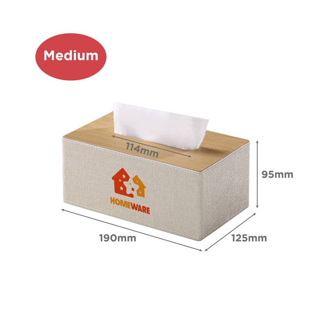 A medium tissue box with a beige fabric cover and a wooden top, featuring a logo on the side.