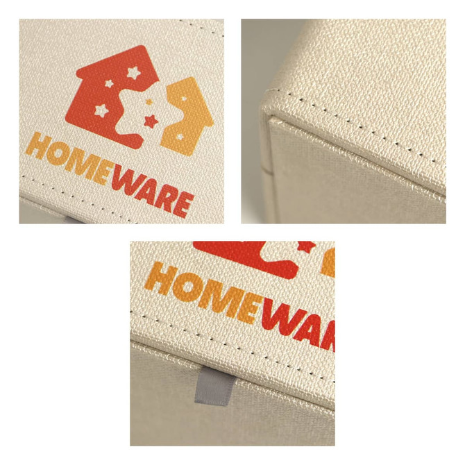 A medium tissue box in a textured beige finish, featuring colourful branding.