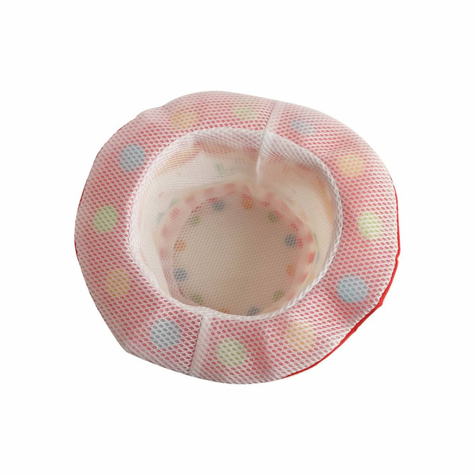 A custom digital printed top hat featuring a red exterior with a polka dot patterned lining.