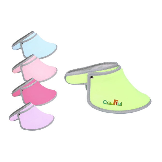 A collection of five visors in various colours: pink, light pink, blue, light blue, and bright green with a logo.
