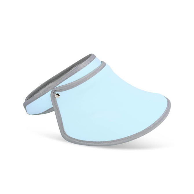 A light blue visor hat featuring a grey trim and an adjustable band, with a logo on the side.
