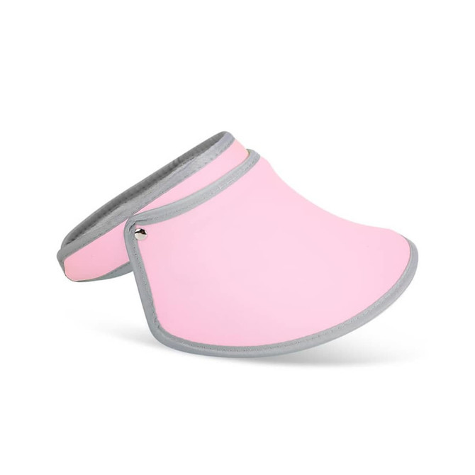 A pink 360° swivel sun visor hat with a grey trim, featuring a logo on the band.