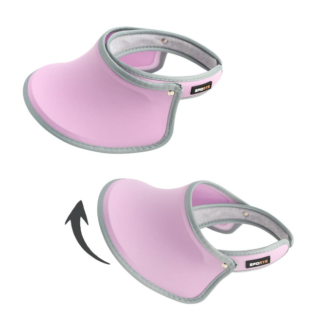 A pink 360° swivel sun visor hat with a grey trim and an adjustable strap, featuring a logo.