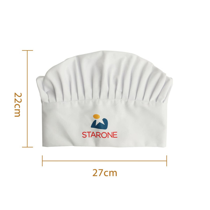 A white adult chef hat with pleats and a logo. Dimensions are 22cm in height and 27cm in width.