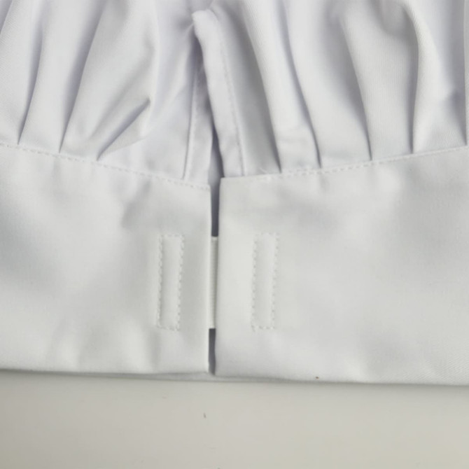 White adult chef hat with pleated design and fastening at the base, featuring a smooth fabric texture.
