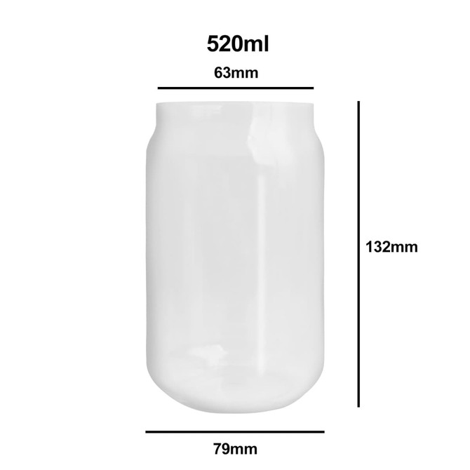 A can-shaped glass cup with a clear design, measuring 520ml, 132mm tall and 79mm wide, featuring a logo.