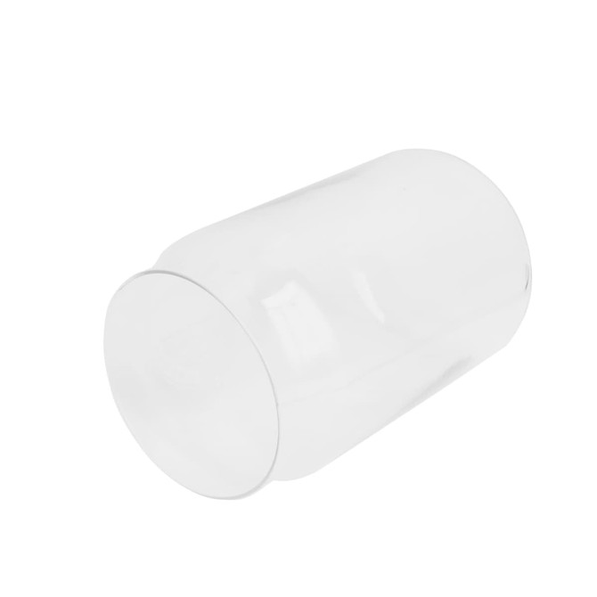 A clear, can-shaped glass cup with a smooth surface and a rounded base. It has a subtle logo on the bottom.