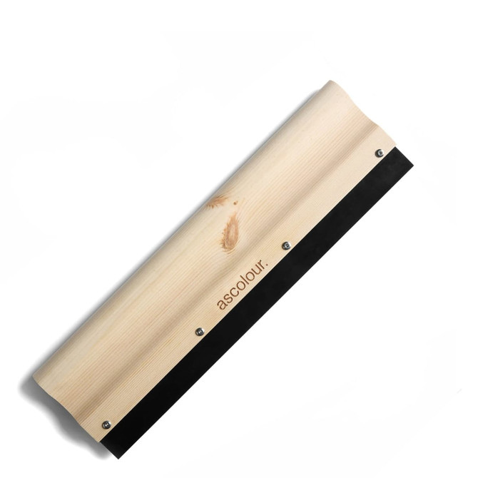 A wooden squeegee with a black rubber blade, featuring a branding logo on the handle.