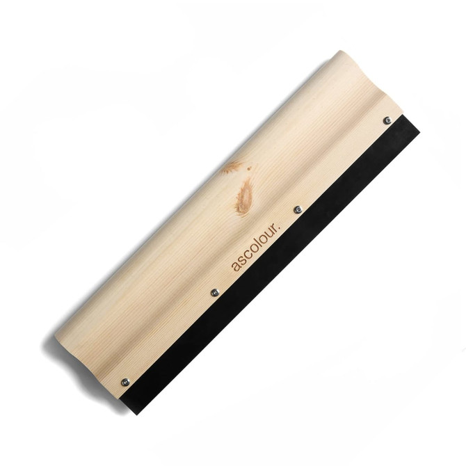 A wooden squeegee with a black rubber edge, featuring a logo on the side.