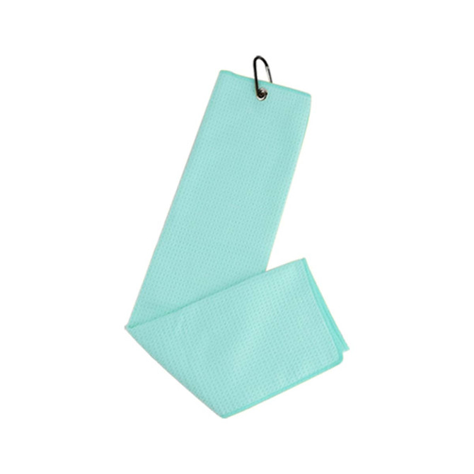 A light aqua waffle golf towel with a metal clip for easy attachment.