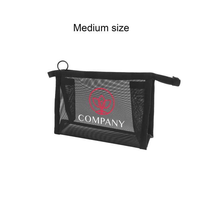 A medium-sized triangular cosmetic bag in black mesh, featuring a logo on the front.