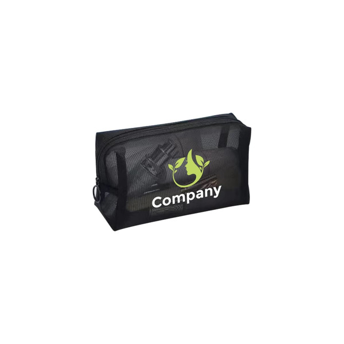 A black nylon mesh cosmetic bag with a zip closure and a logo on the front.