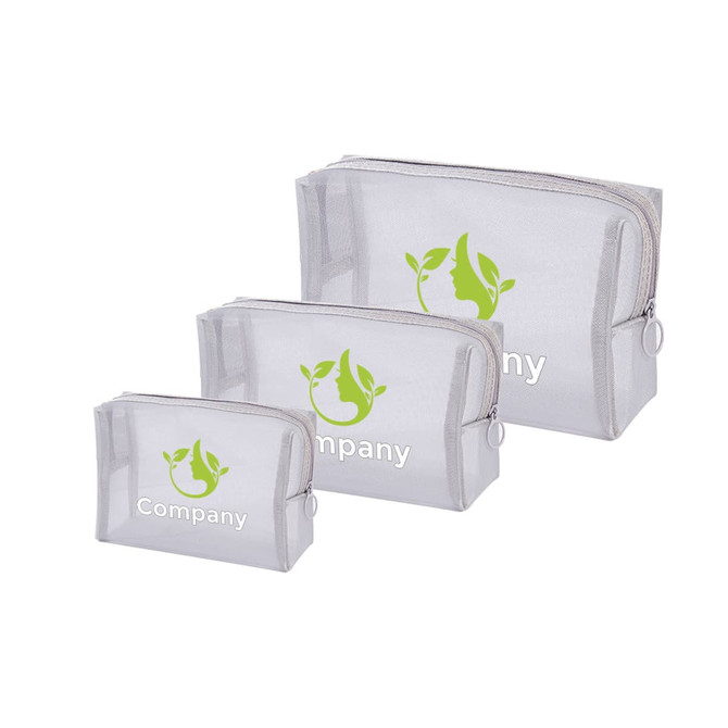 Three transparent nylon mesh cosmetic bags in varying sizes, featuring a logo on each bag.