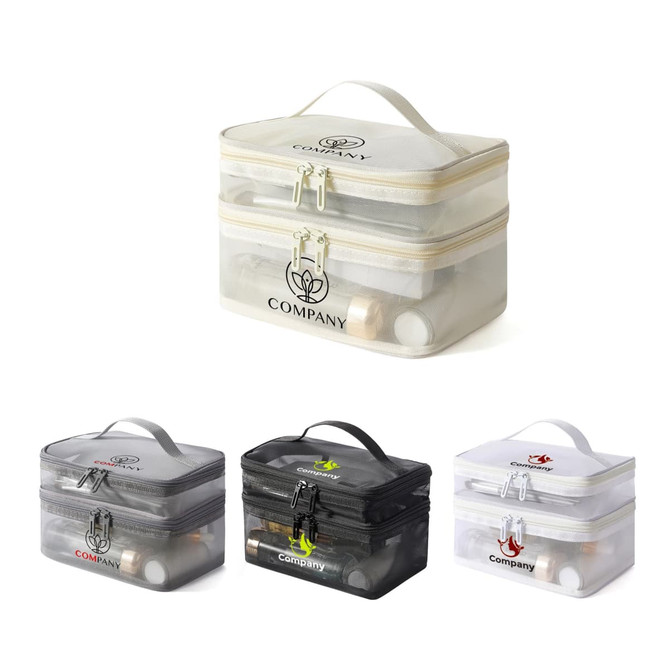 A clear nylon mesh cosmetic bag with double layers, featuring a handle and available in grey, black, and white.