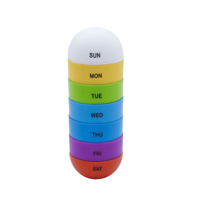 A multi-coloured pill organiser with compartments for each day of the week, featuring a white top and vibrant bottom sections.