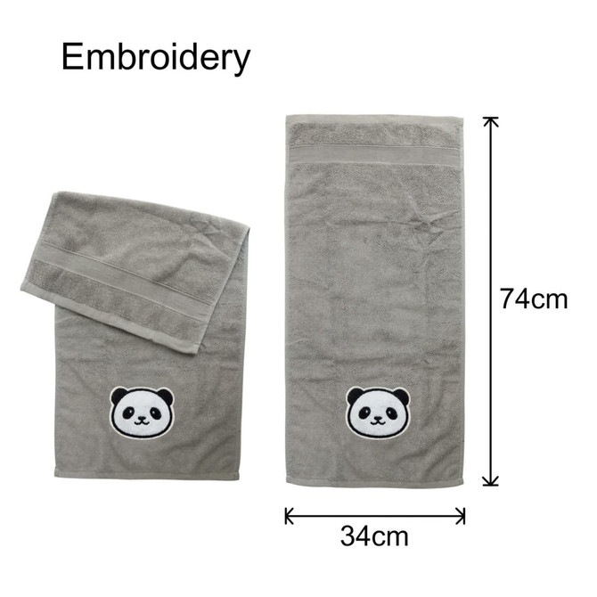 Two grey embroidered cotton hand towels featuring a panda design, one larger and one smaller, displayed with dimensions.