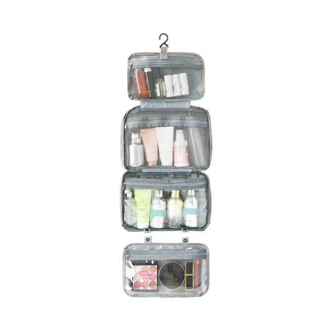 A large capacity hanging toiletry bag in grey, featuring multiple transparent compartments filled with various toiletries.