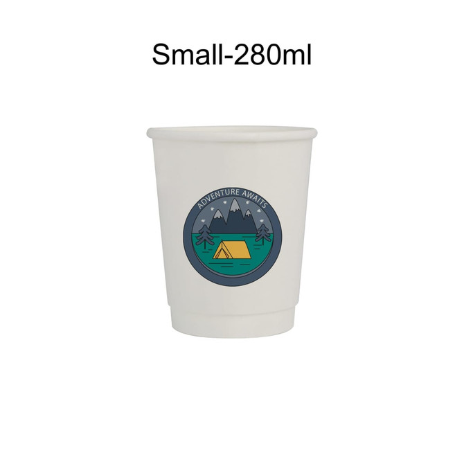 A white disposable paper cup with a printed camping design featuring mountains and a tent.