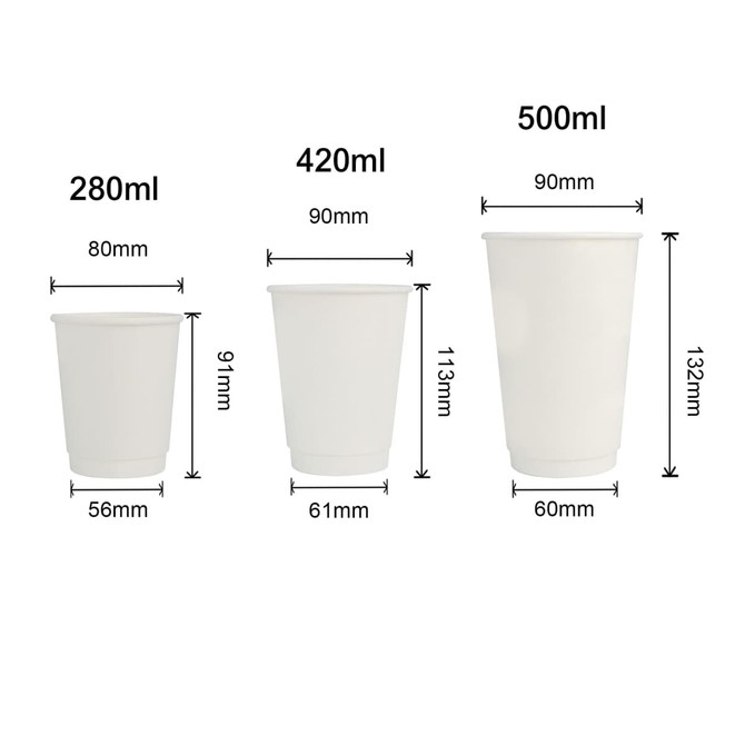 Custom disposable double wall paper cups in three sizes: 280ml, 420ml, and 500ml, all in a plain white finish.