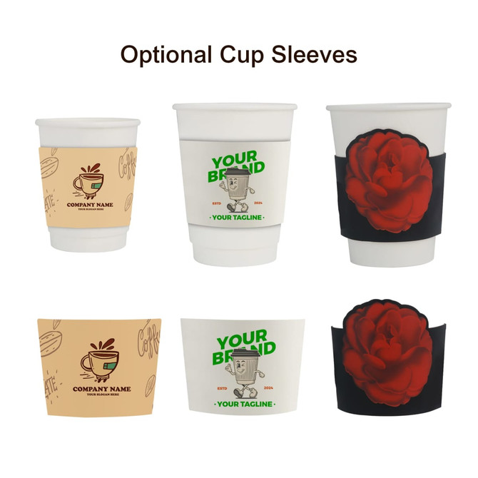 Custom disposable double wall paper cups in white, featuring optional cup sleeves in various designs and colours.