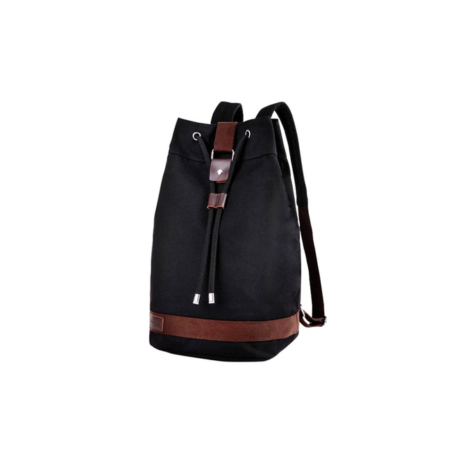 A black canvas bucket backpack with brown leather straps and accents. Features adjustable drawstrings and a logo.